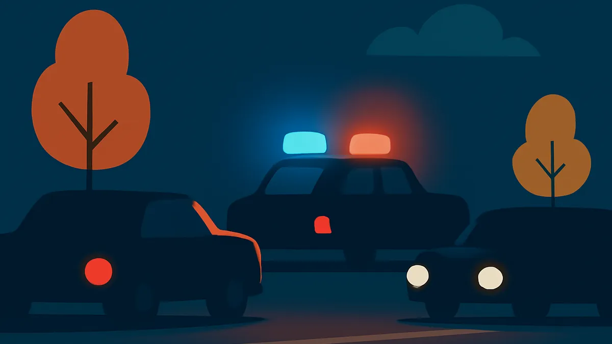 Three cars, one a police car with flashing lights, on a dark road at night with two trees and a cloud