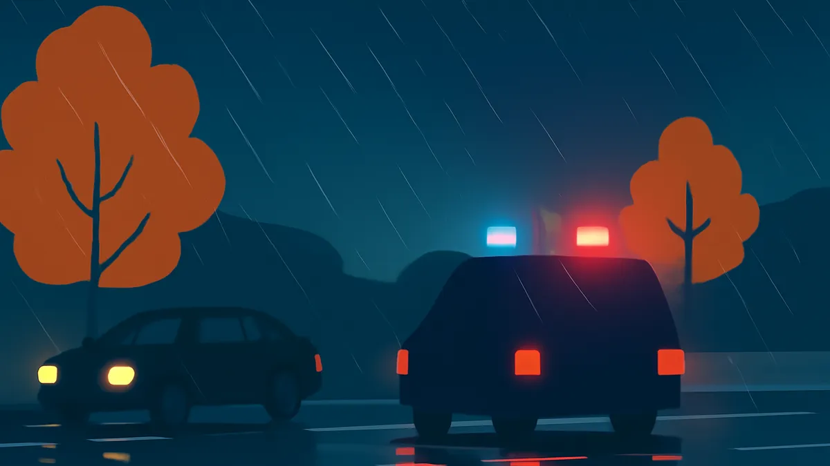 Two cars on a wet road at night with rain falling, one with flashing red and blue lights