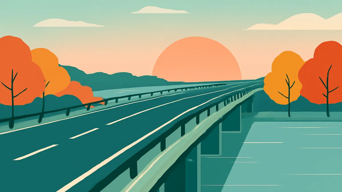 A highway bridge over water with autumn trees and a large sunset in the background, in flat teal and orange tones
