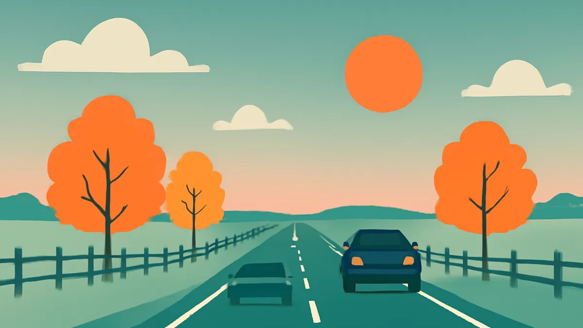Two cars on a two-lane road with orange trees and a fence on the side, under a blue sky with clouds and a sun