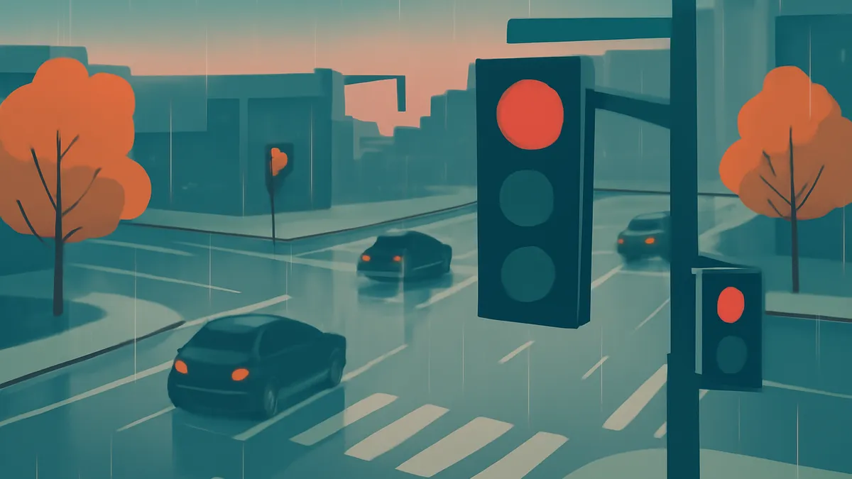 A rainy city street scene with cars stopped at a red traffic light, featuring orange trees and buildings