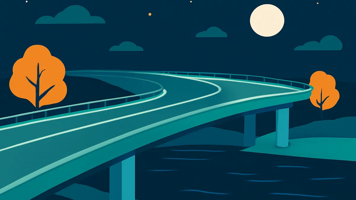 A curving highway overpass at night with a full moon and two orange trees against a dark blue sky