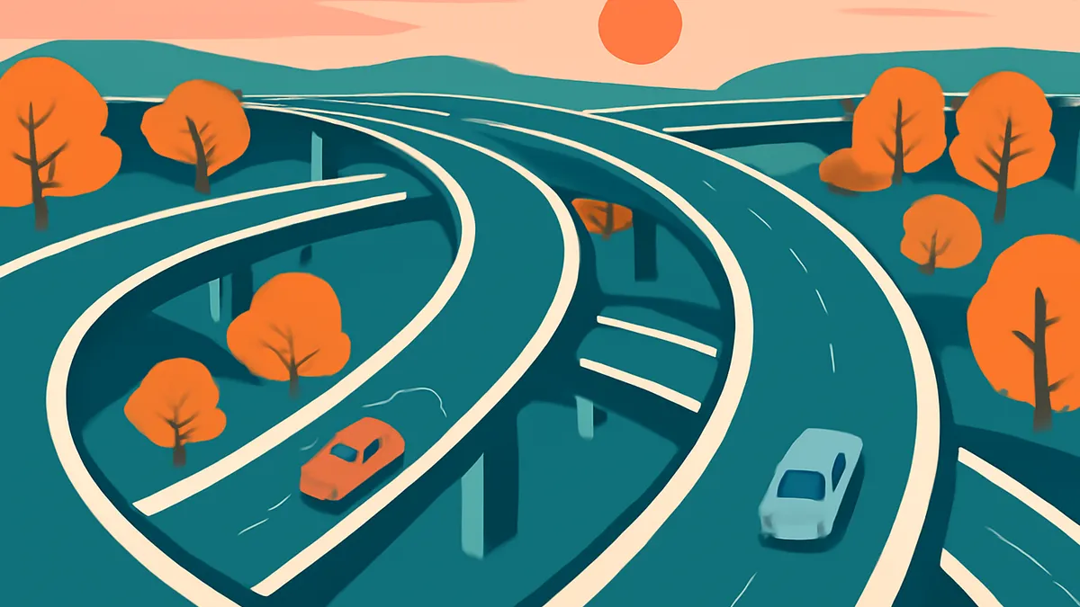 An orange car and a light blue car on a multi-level highway system with orange trees and a setting sun