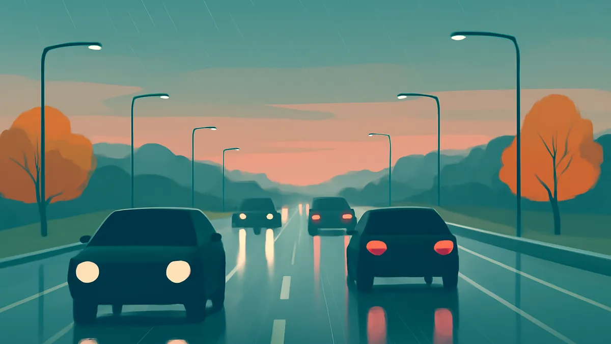 Cars on a wet road at dusk with streetlights and trees in the background