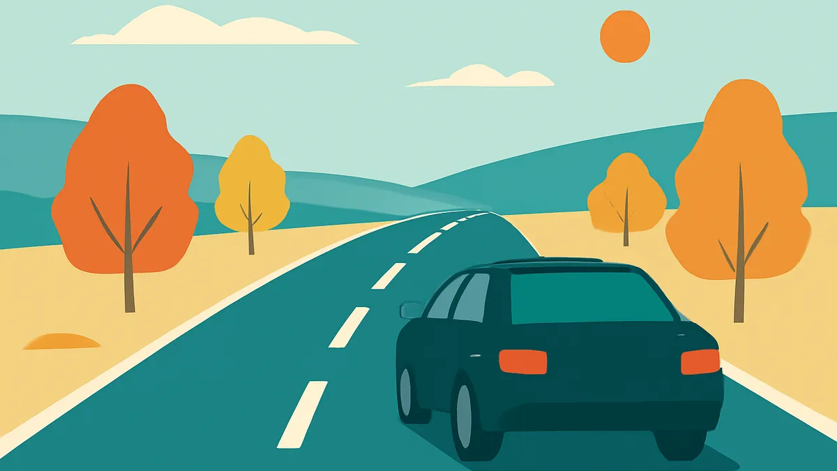 A dark car drives on a winding road through a landscape with autumn trees under a blue sky with clouds and a sun