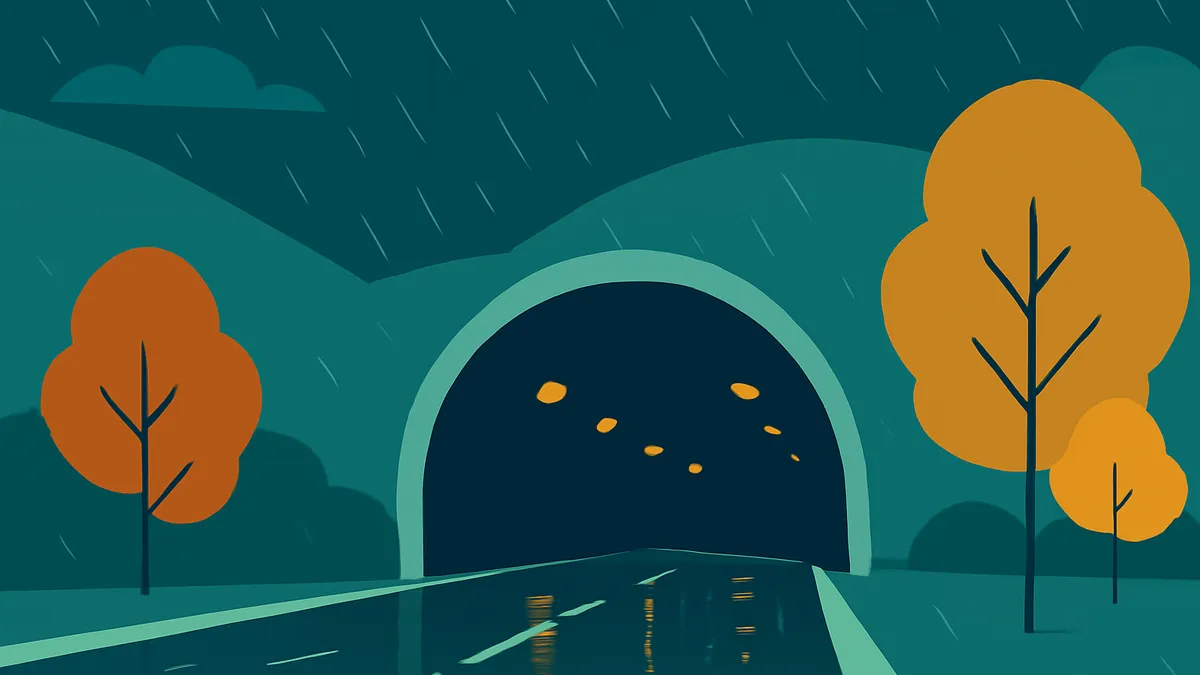 A dark road leads into a tunnel on a rainy night, flanked by trees with orange foliage