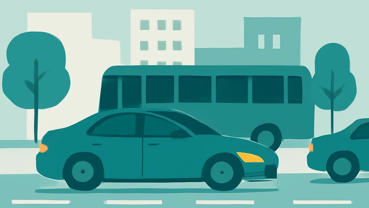 A teal sedan and a teal bus on a street with buildings and trees in the background, all in flat teal tones