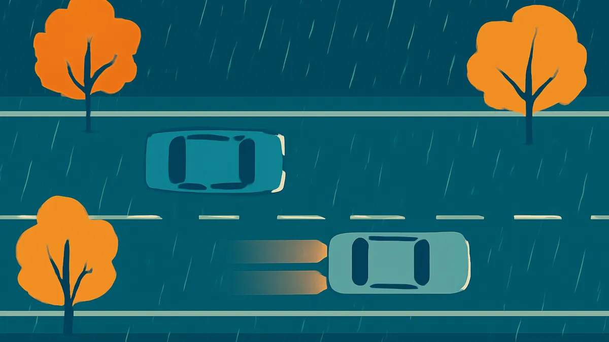 Two cars driving on a wet road with trees on the side, viewed from above, in a flat illustration style