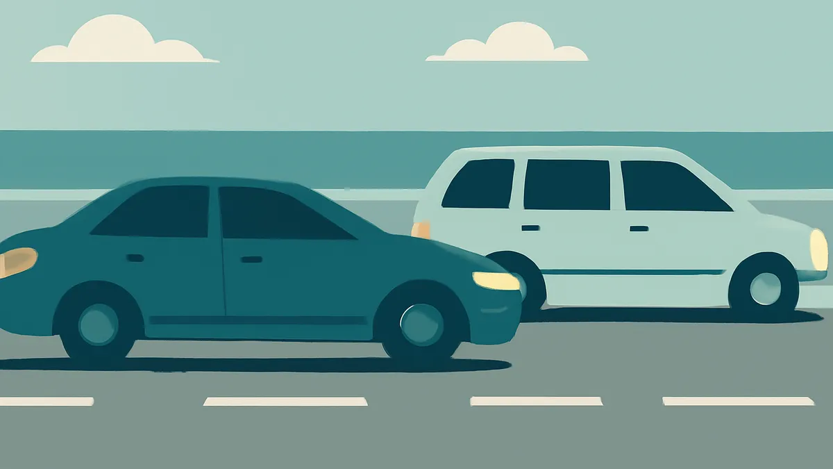 A teal sedan and a light blue minivan driving on a road under a light blue sky with clouds