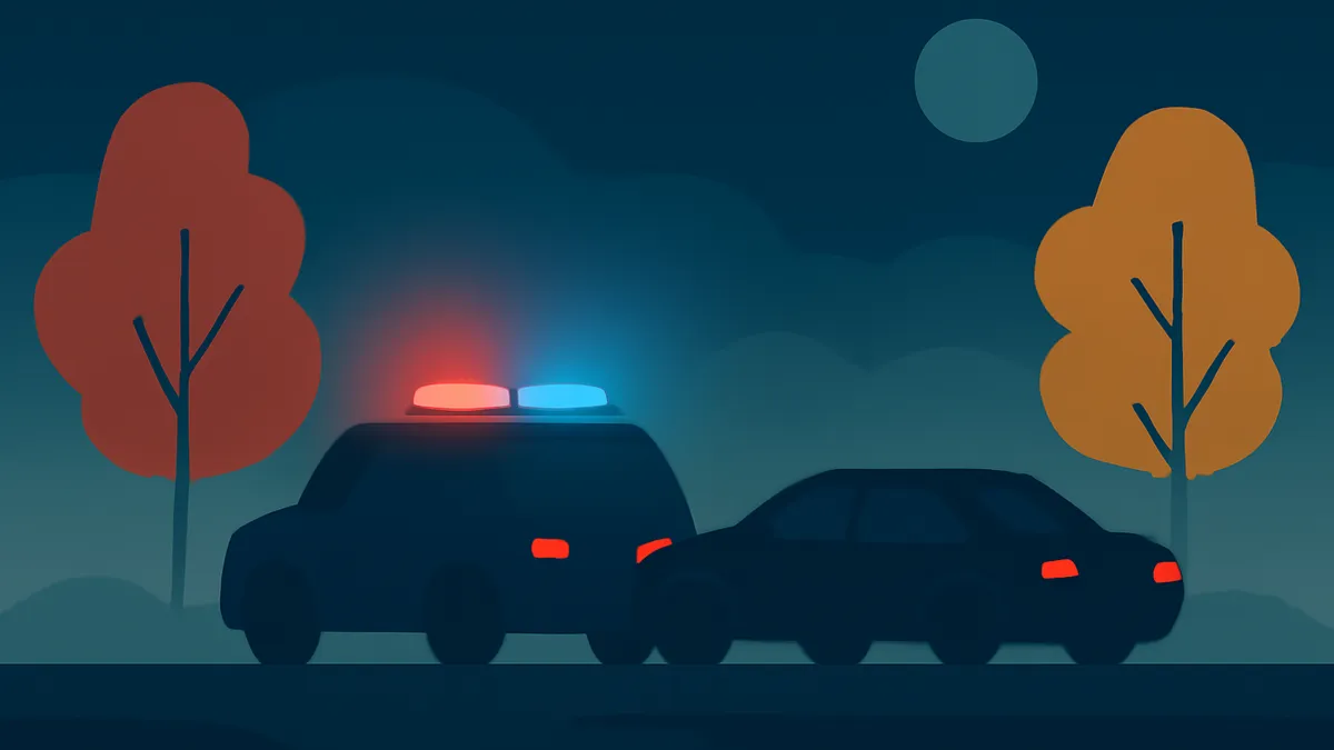 A police car with flashing lights pulled over behind a sedan on a dark road at night, with trees and a moon in the