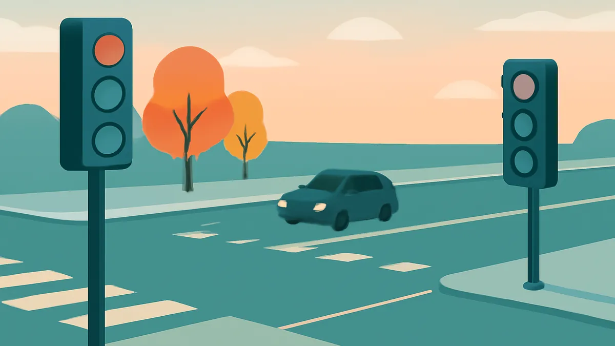 A blue car drives through an intersection with two traffic lights and autumn trees under a pale orange sky