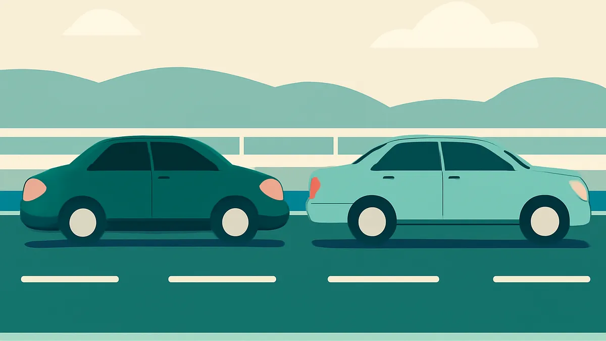 Two cars, one dark green and one light blue, facing opposite directions on a road with a striped background