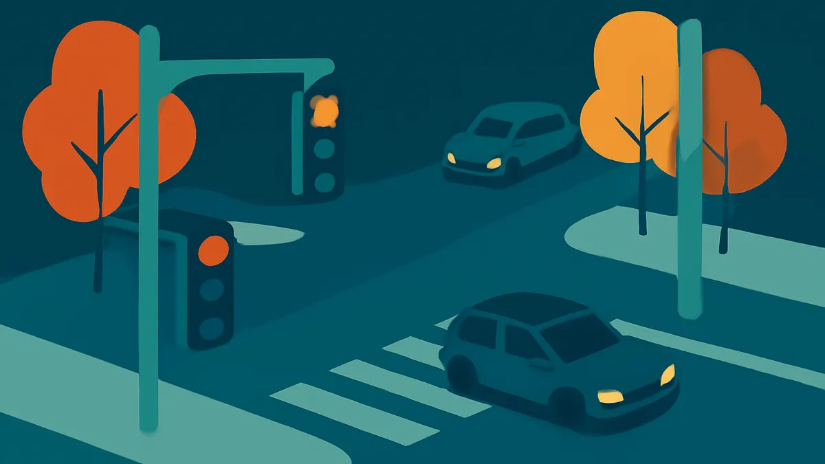 An overhead view of a city intersection at night with two cars, traffic lights, and trees in teal and orange tones