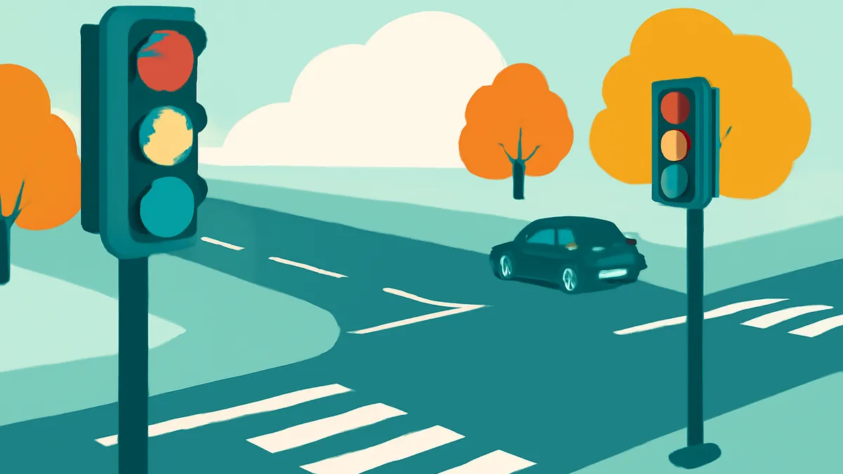 A car at an intersection with two traffic lights and a crosswalk, surrounded by trees and a cloud in a flat, stylized art