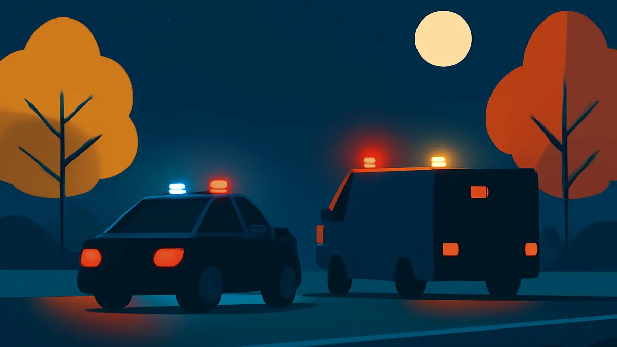 A police car and a van with flashing lights on a dark road at night, with trees and a moon in the background
