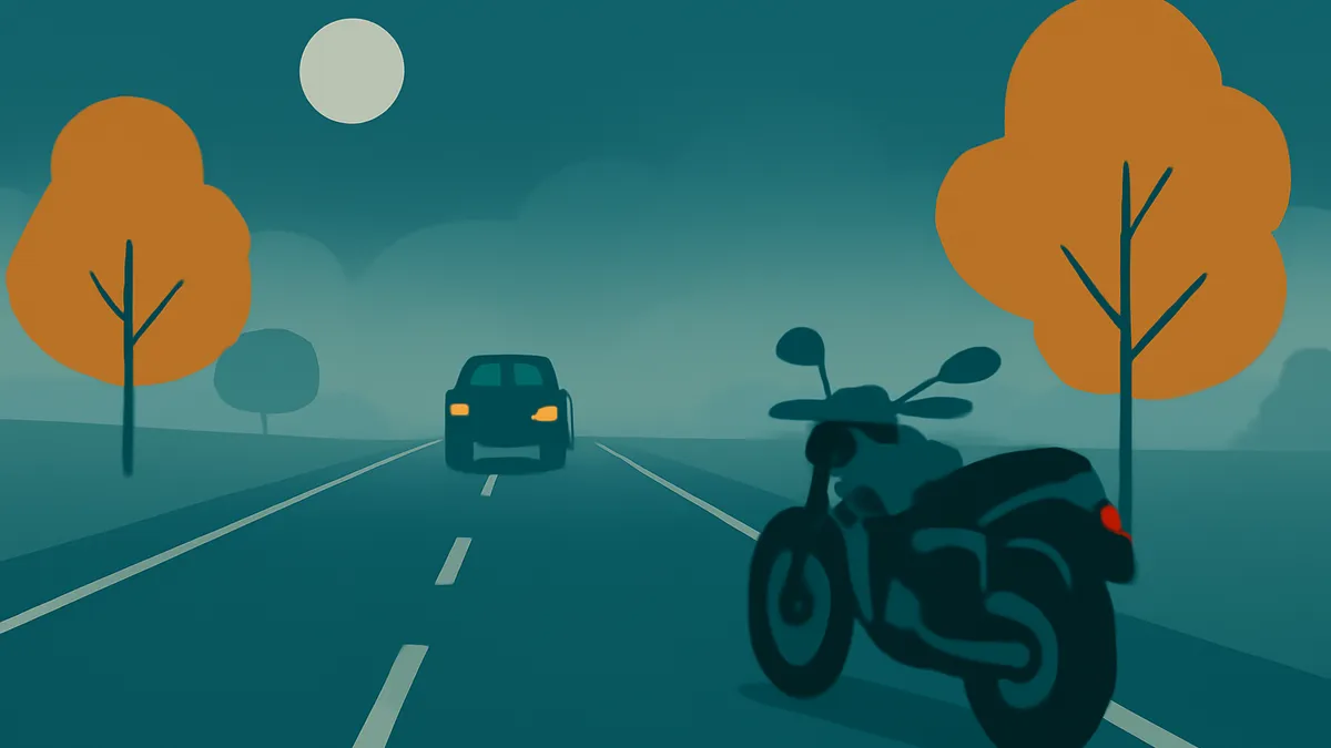 A motorcycle and a car on a two-lane road at night with a full moon and trees in flat teal and orange tones