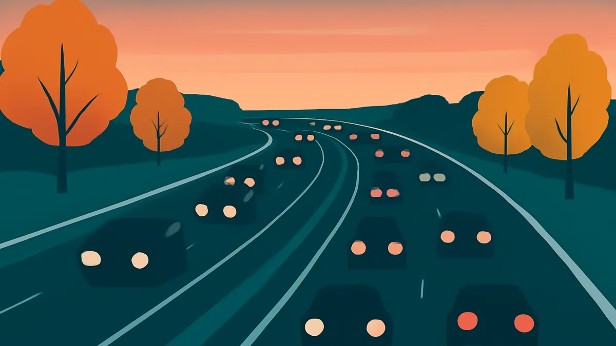 A highway at dusk with many cars showing only headlights and taillights, surrounded by dark hills and orange trees