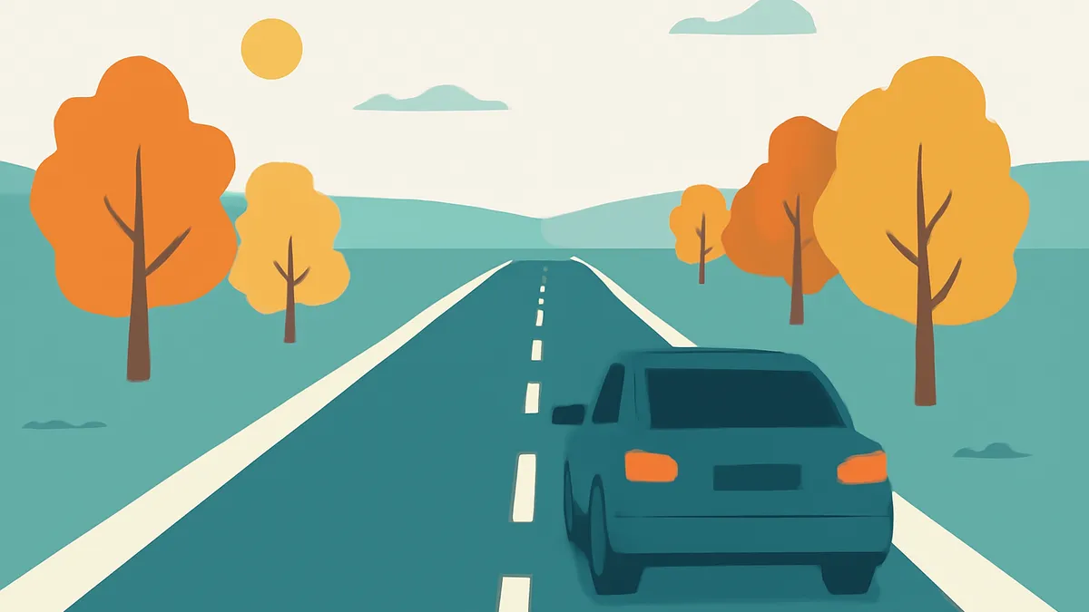 A teal car drives away on a two-lane road with a white dashed line, surrounded by orange trees and hills under a pale sky