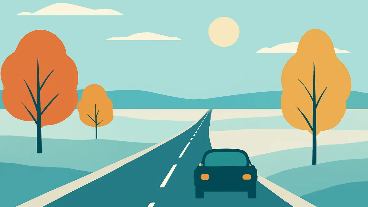A car drives on a two-lane road through a landscape with trees and hills under a blue sky with a sun