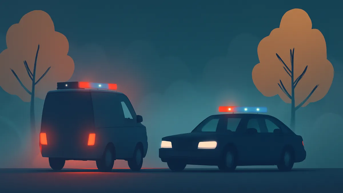 Two police vehicles with flashing lights, a van and a sedan, parked on a dark road at night with trees in the background