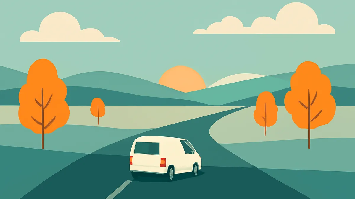 A white van drives on a winding road through a landscape with orange trees and green hills under a blue sky with clouds