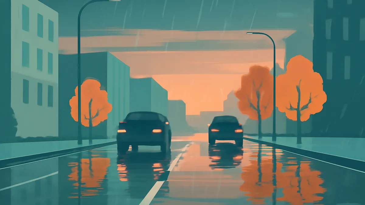 Two cars driving away on a wet city street at sunset, with buildings and trees in the background