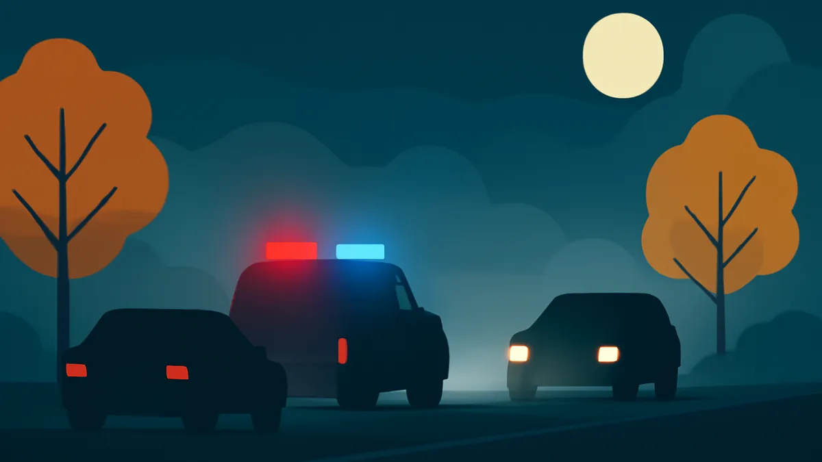 Three cars on a dark road at night, with a police car in the middle flashing red and blue lights