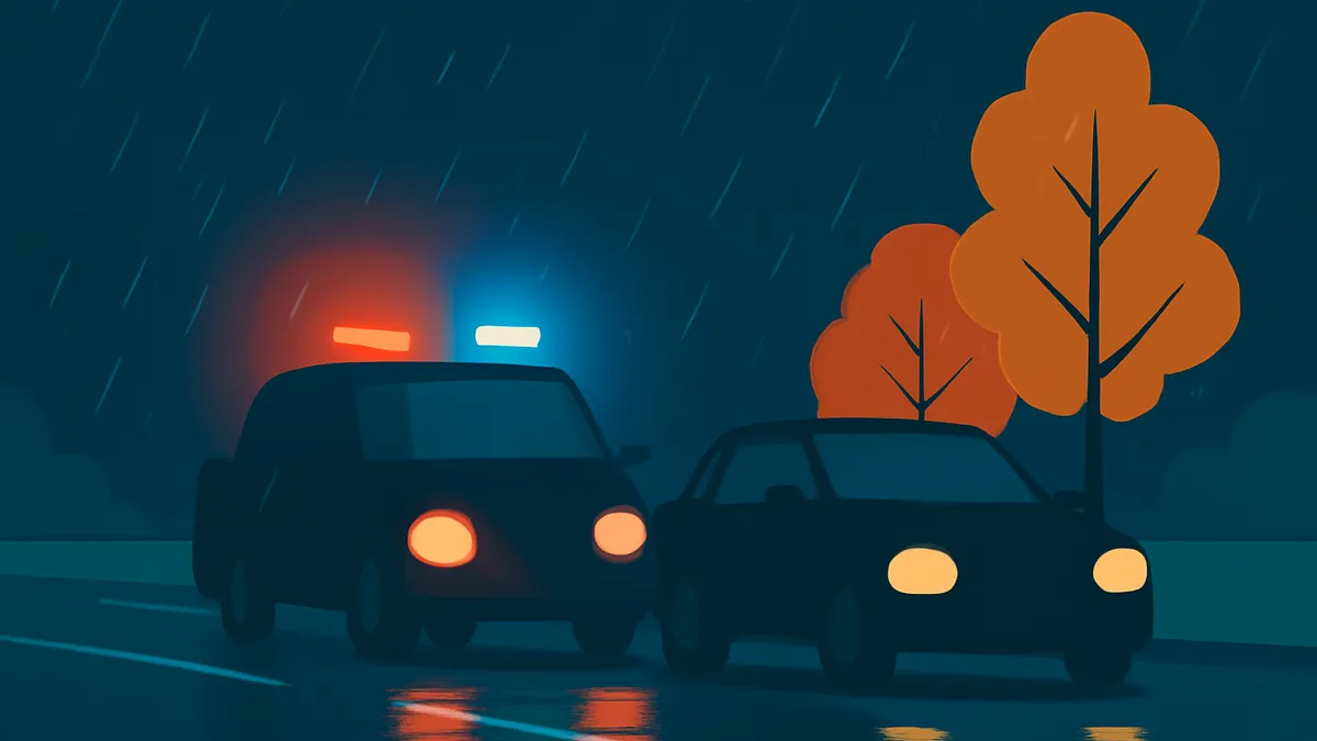 A police car with flashing lights and another car on a wet road at night with two orange trees