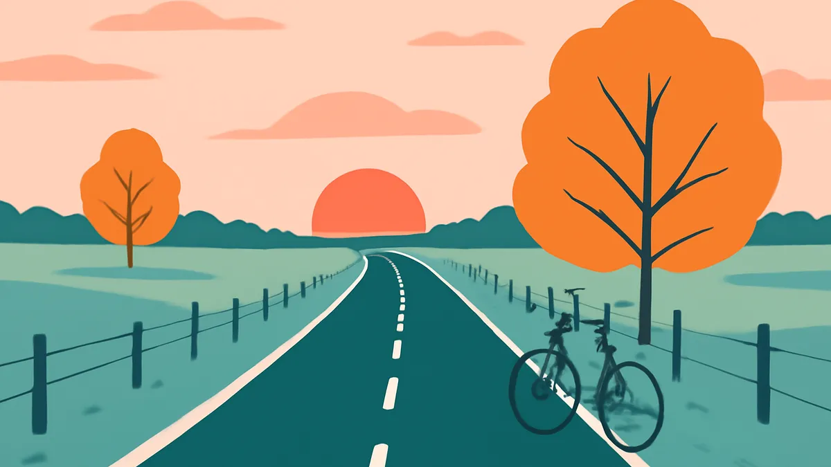 A winding road with a fence on either side, two bicycles, and trees under a sunset sky