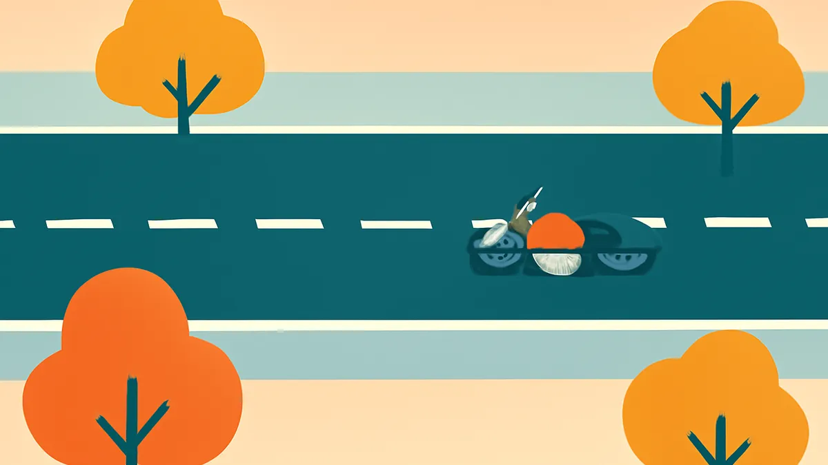 A top-down view of a teal road with white dashed lines, bordered by light blue and beige, with orange trees