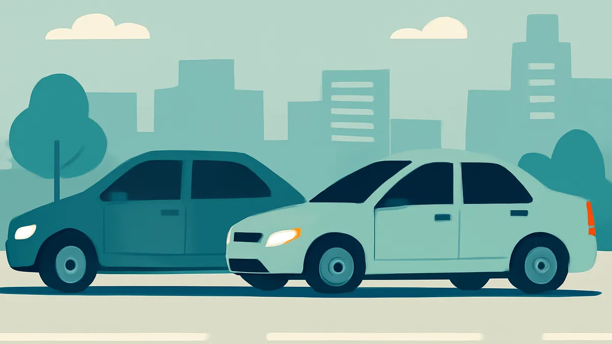 Two cars, one dark teal and one light teal, driving on a road with a city skyline in the background