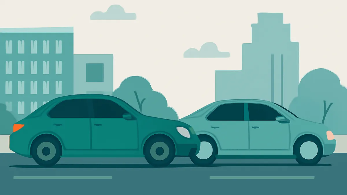 Two cars, one dark teal and one light teal, are shown in a rear-end collision on a street with buildings and trees in the