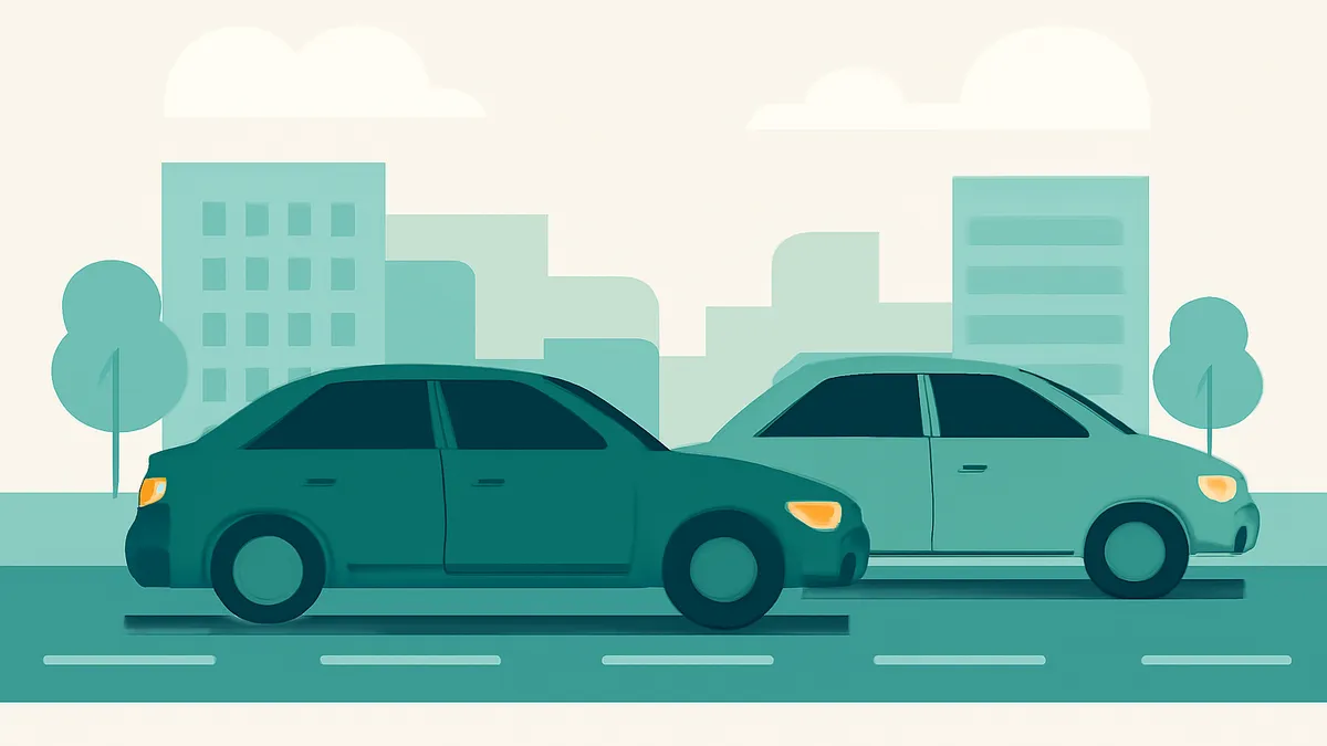 Two sedans, one dark teal and one light teal, driving on a road with city buildings and trees in the background