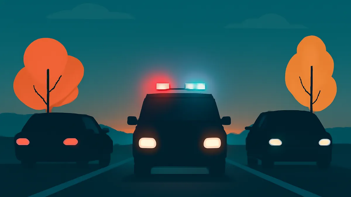 A police car with flashing lights and two other cars on a road at dusk with orange trees