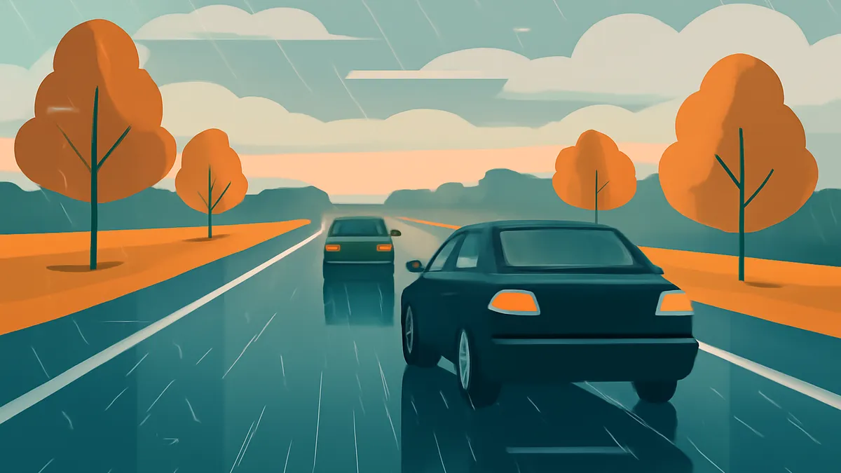 Two cars driving on a wet road with orange trees on the side under a cloudy sky with rain