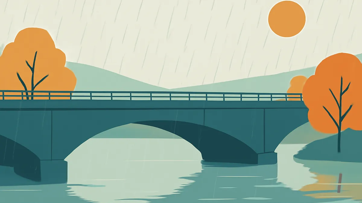 A bridge over a river with trees and hills in the background under a rainy sky with a sun