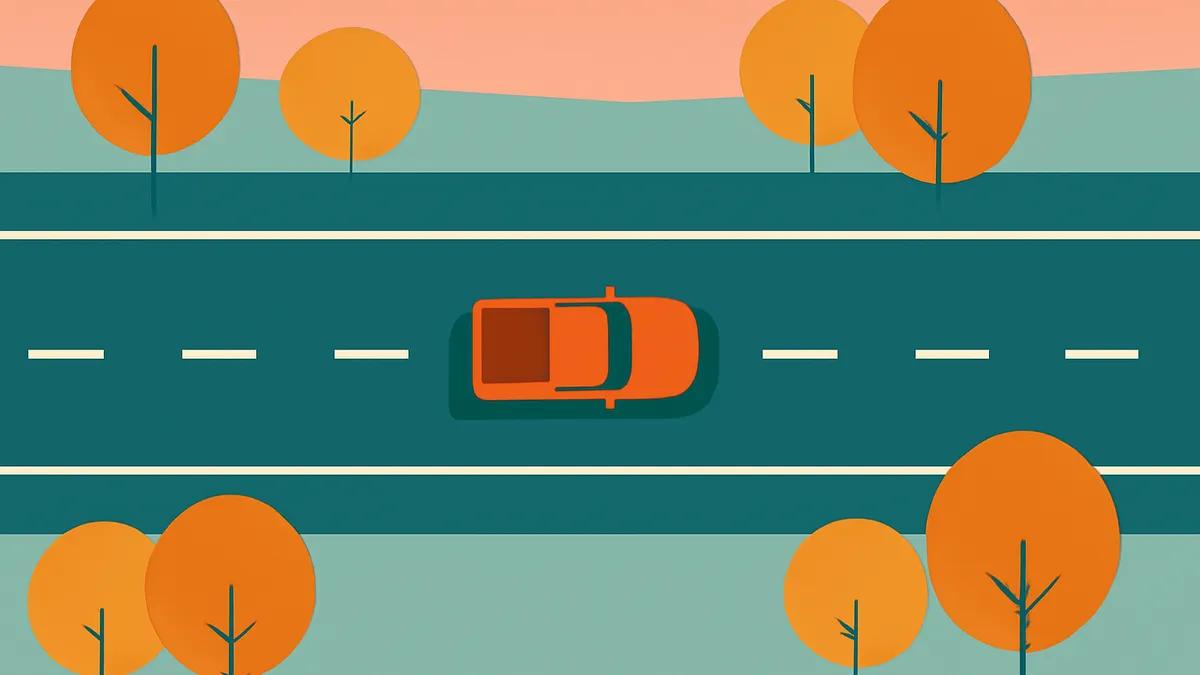 An orange pickup truck drives on a teal road with white dashed lines, surrounded by orange trees and a pink sky