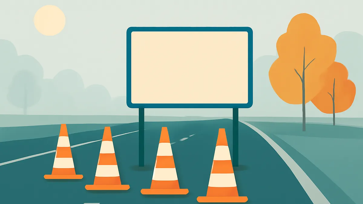 A blank highway sign stands over a road with four orange and white traffic cones, with trees and a sun in the background