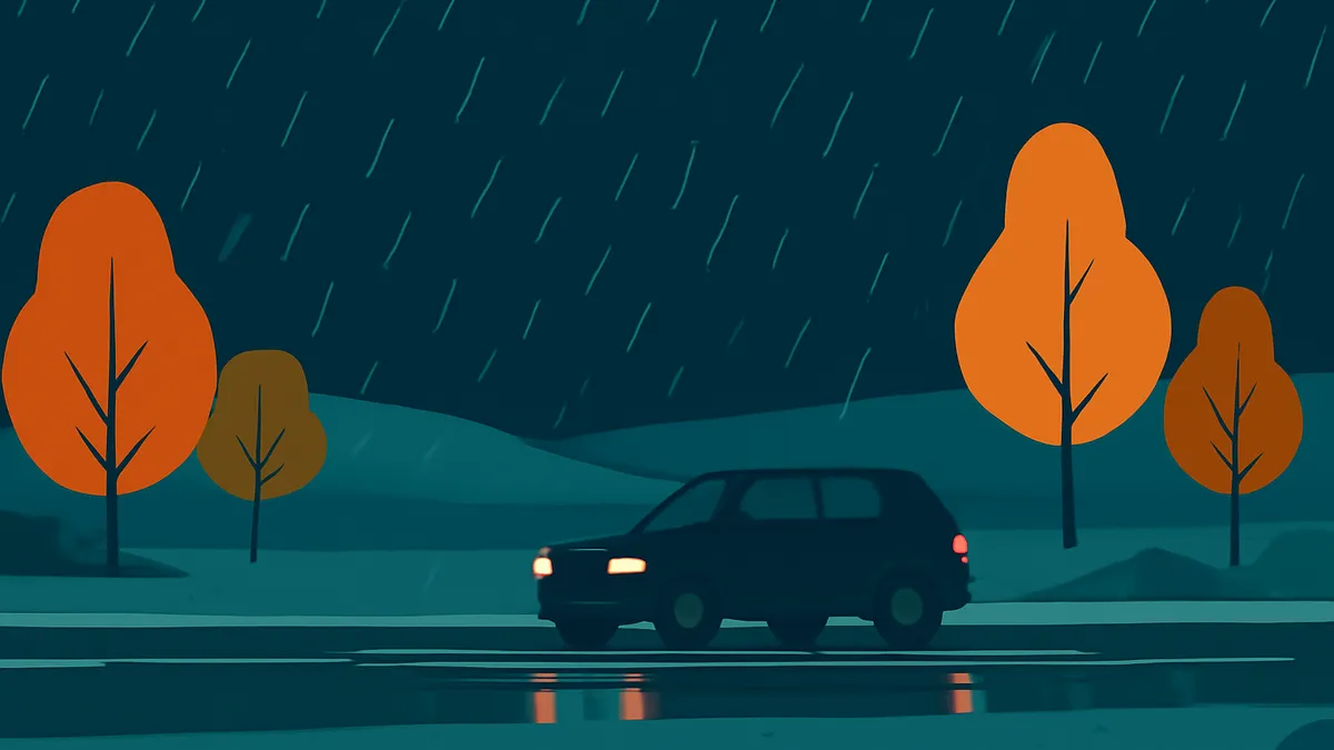 A dark car with headlights on drives on a wet road in the rain, with orange trees on either side