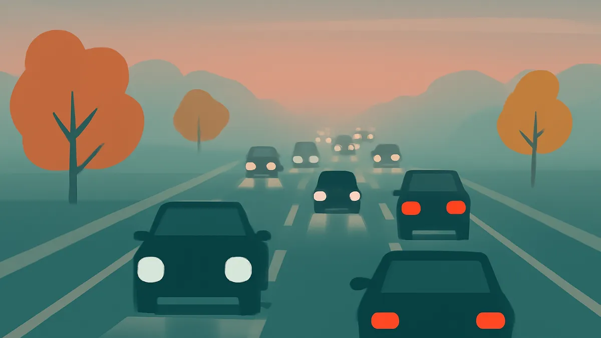 A highway scene with multiple cars driving in both directions, with trees on the side of the road, under a hazy sky