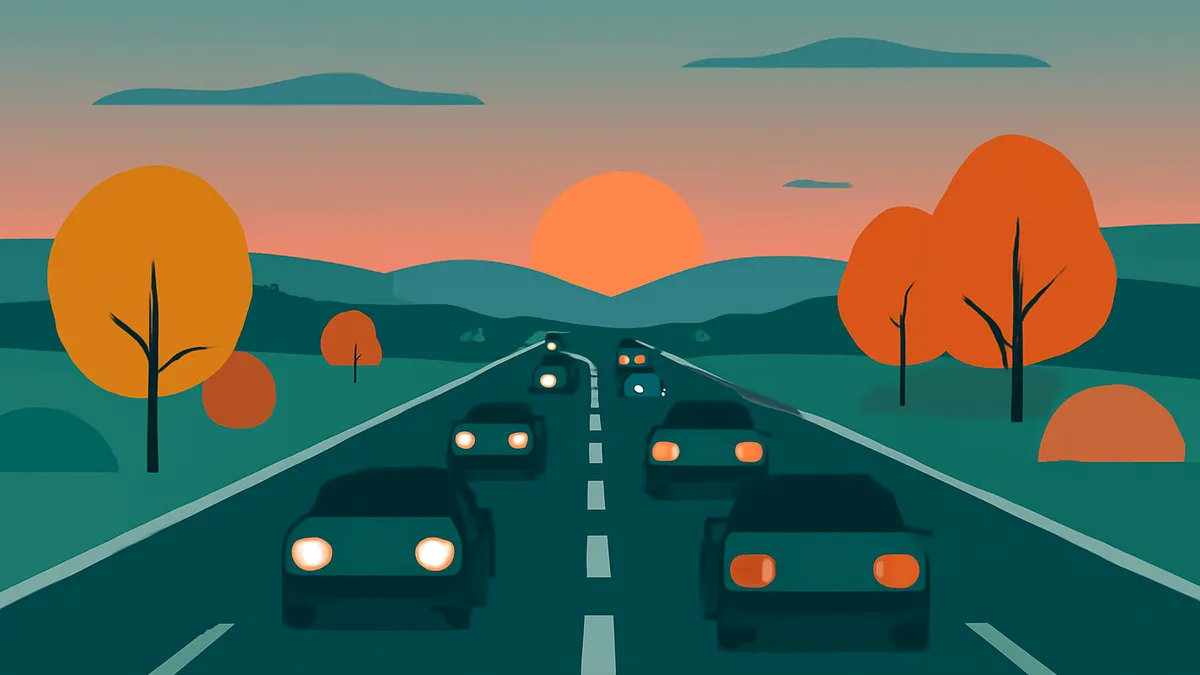 A highway at sunset with cars driving in both directions, surrounded by trees and hills in a flat illustration style