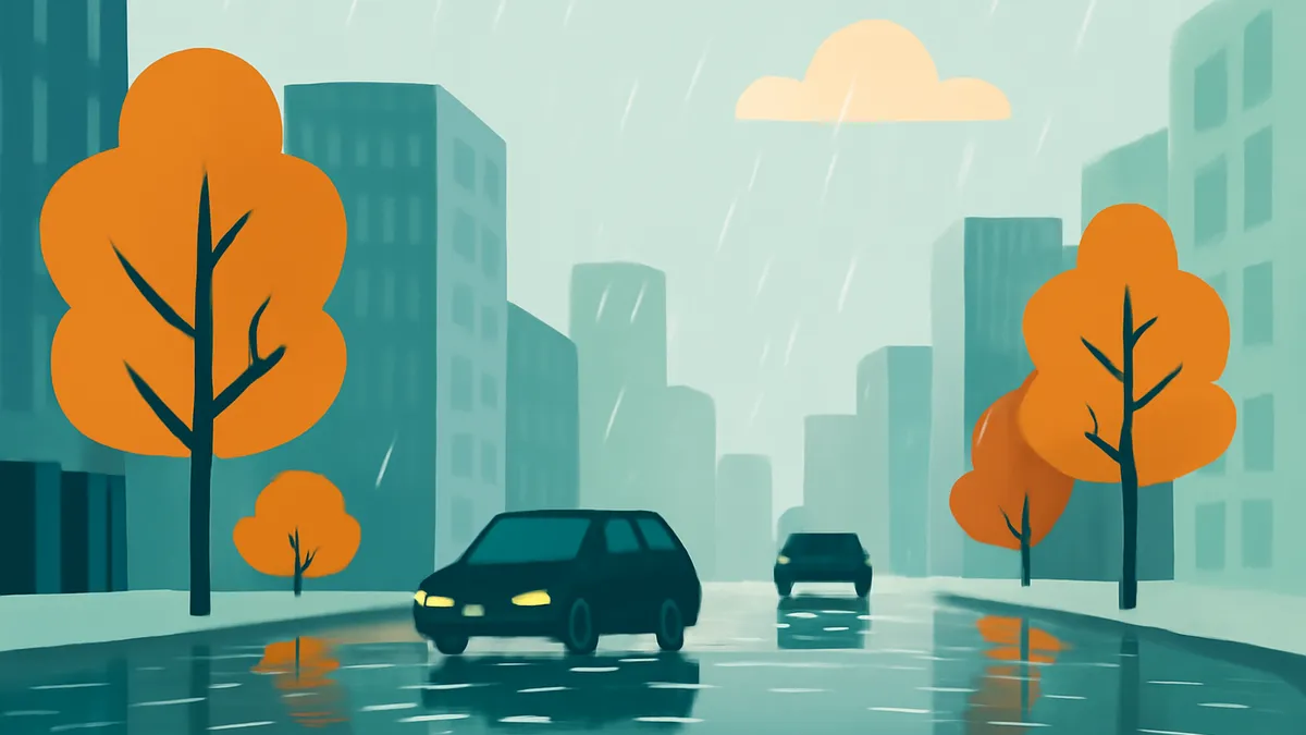 Two cars driving on a wet city street with orange trees and tall buildings in the rain