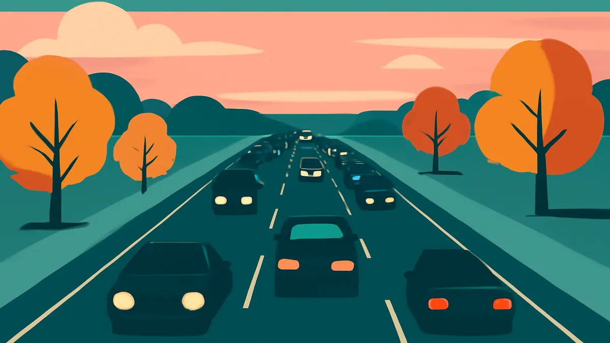 A highway with many cars in both directions, flanked by trees with orange foliage under a pink and blue sky