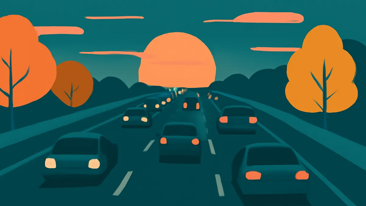 Cars on a highway at sunset with orange trees and a large orange sun in a teal landscape