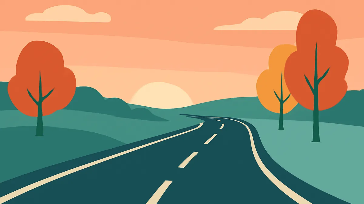 A winding road with white dashed lines, flanked by green hills and orange trees under an orange sky with a setting sun