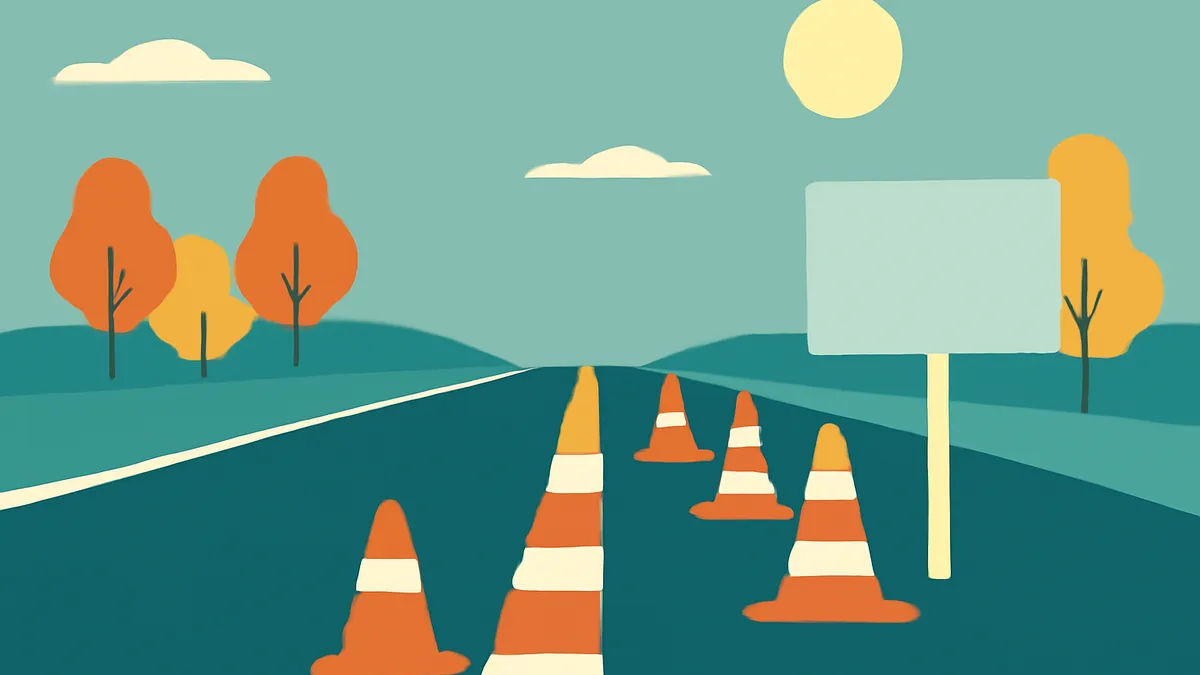 A highway with orange and white traffic cones, a blank sign, and trees under a blue sky with a sun and clouds