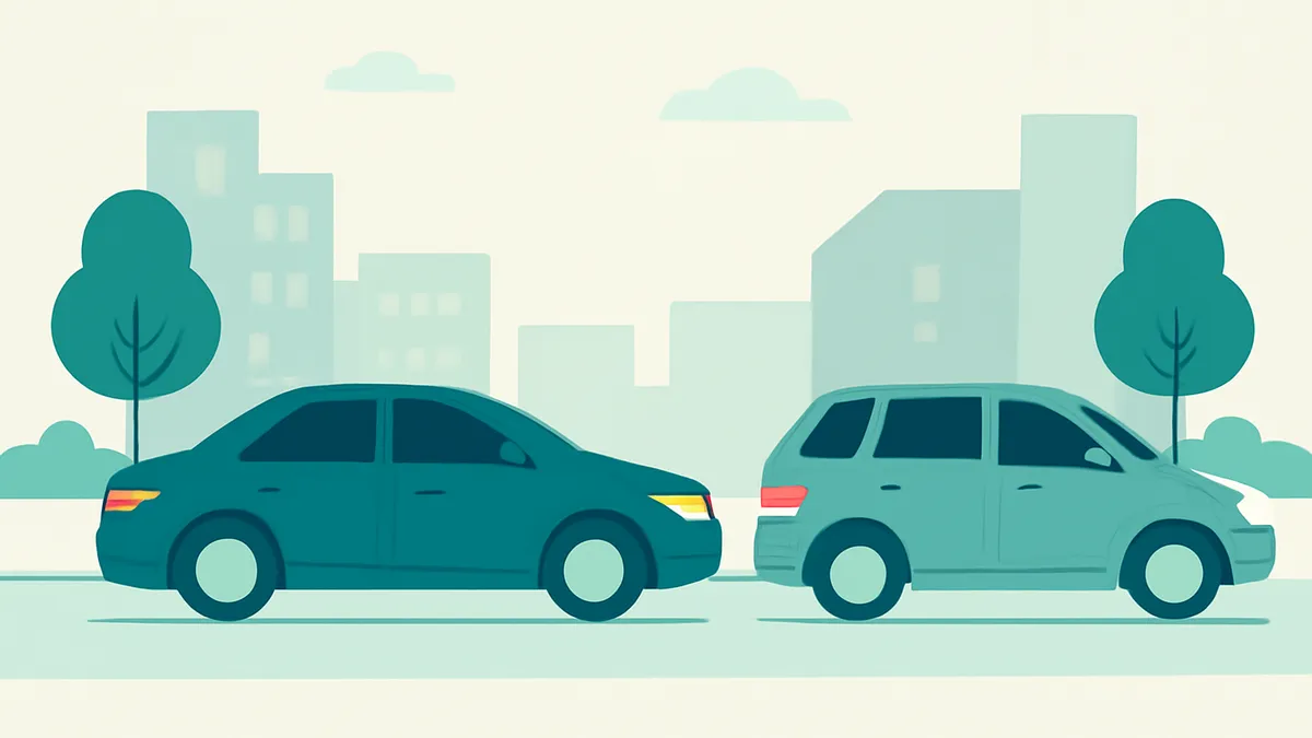 A teal sedan and a light teal SUV parked on a street with buildings and trees in the background