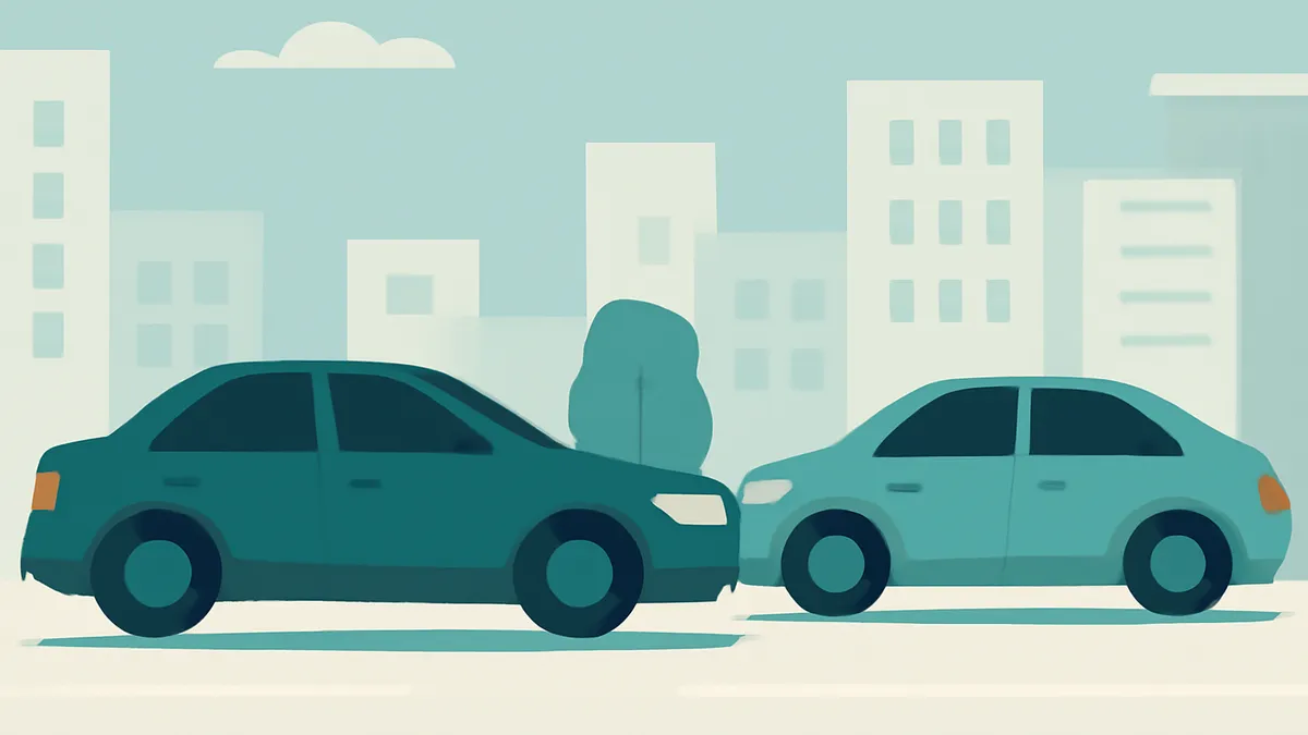 Two sedans facing each other on a street in front of a city skyline with a tree between the cars