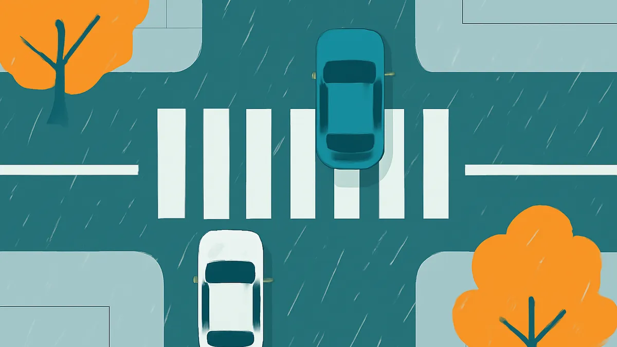 An overhead view of a teal car on a crosswalk and a white car on a street corner, with orange trees