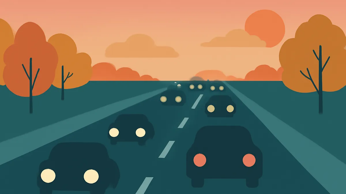 A highway scene with multiple cars driving, trees on the side, and a sunset sky with clouds